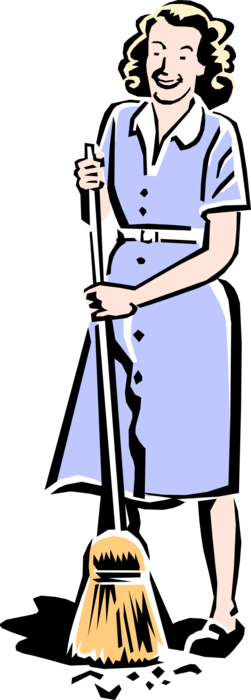 Vector Illustration of 1950's Vintage Style Mother Sweeping the Floor with Broom