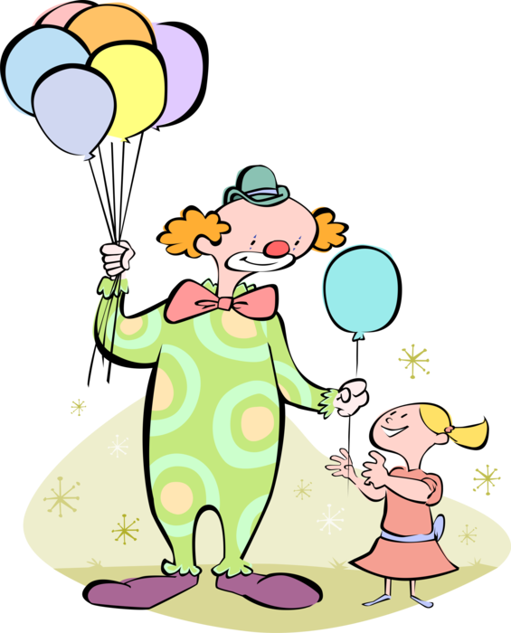 Vector Illustration of Big Top Circus Clown Gives Balloon to Delighted Child