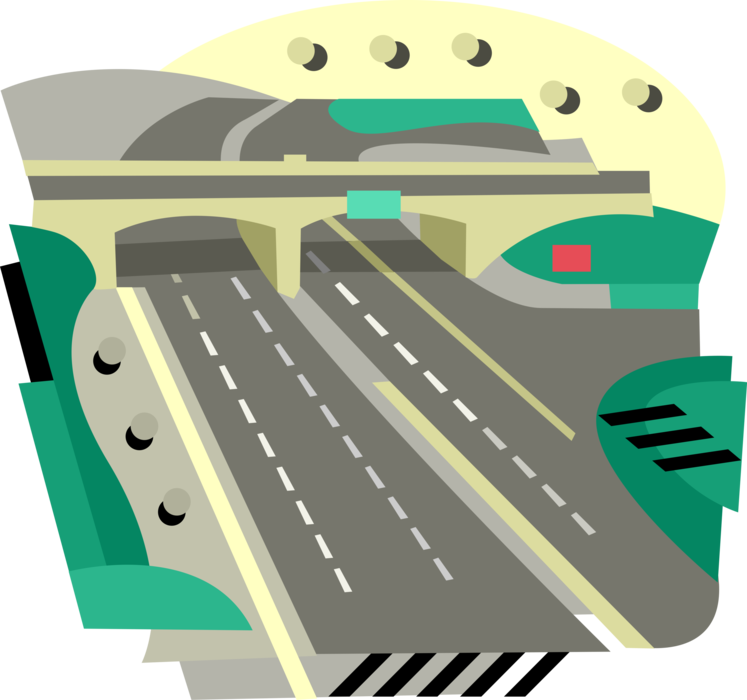 Vector Illustration of High Speed Vehicular Traffic Freeway Motorway Expressway with Overpass Road