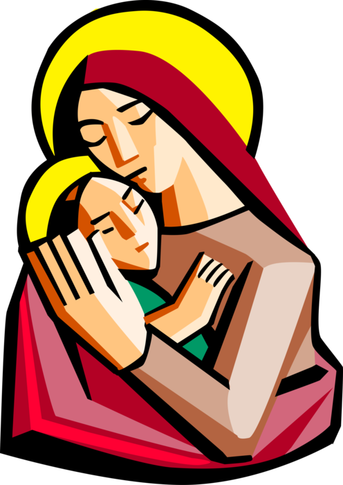 Vector Illustration of Virgin Mother Mother of God Mary Embraces Baby Jesus