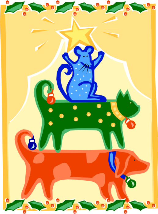 Vector Illustration of Family Pet Dog, Cat and Rodent Mouse Christmas Tree