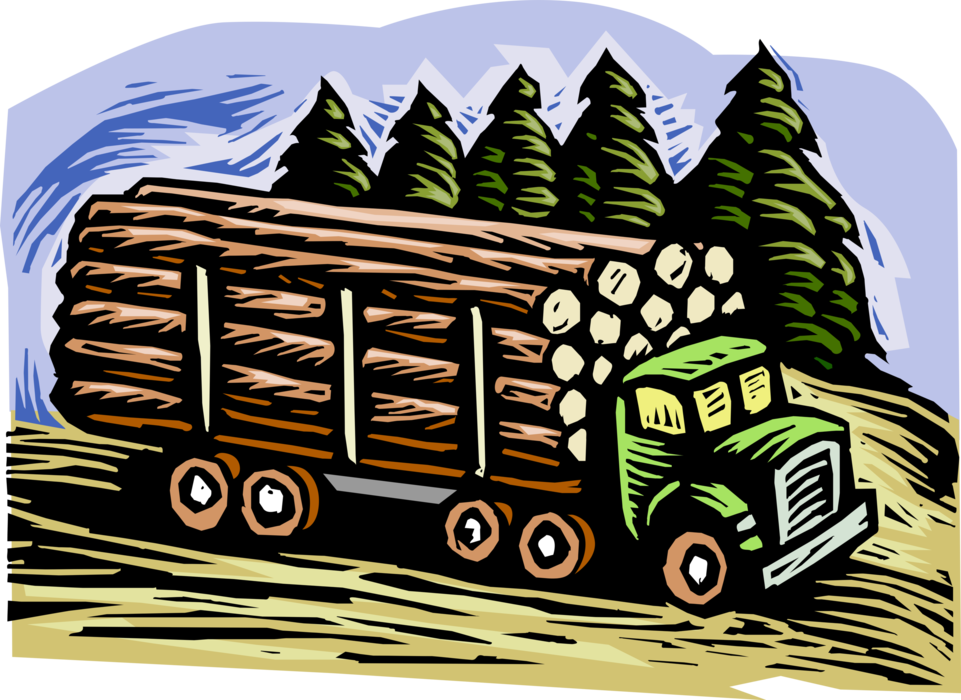 Vector Illustration of Forestry Industry Logging Lumber Truck with Load of Timber Logs