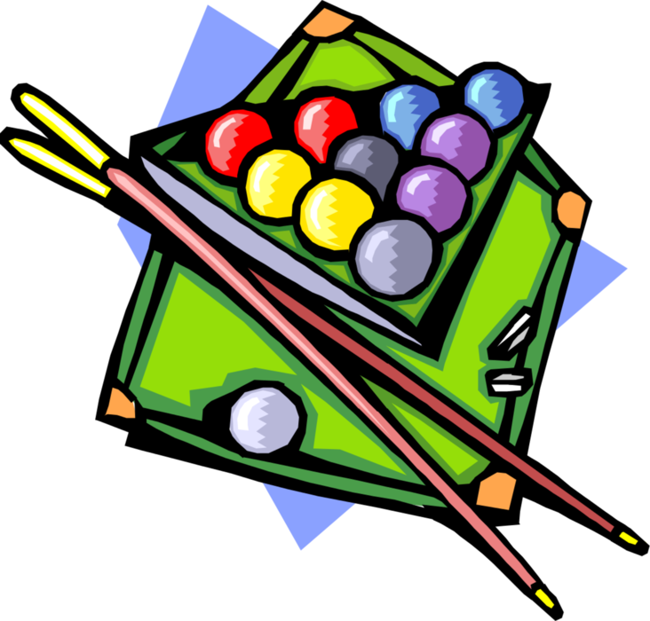 Vector Illustration of Game of Pool Table with Billiard Balls and Cue Sticks