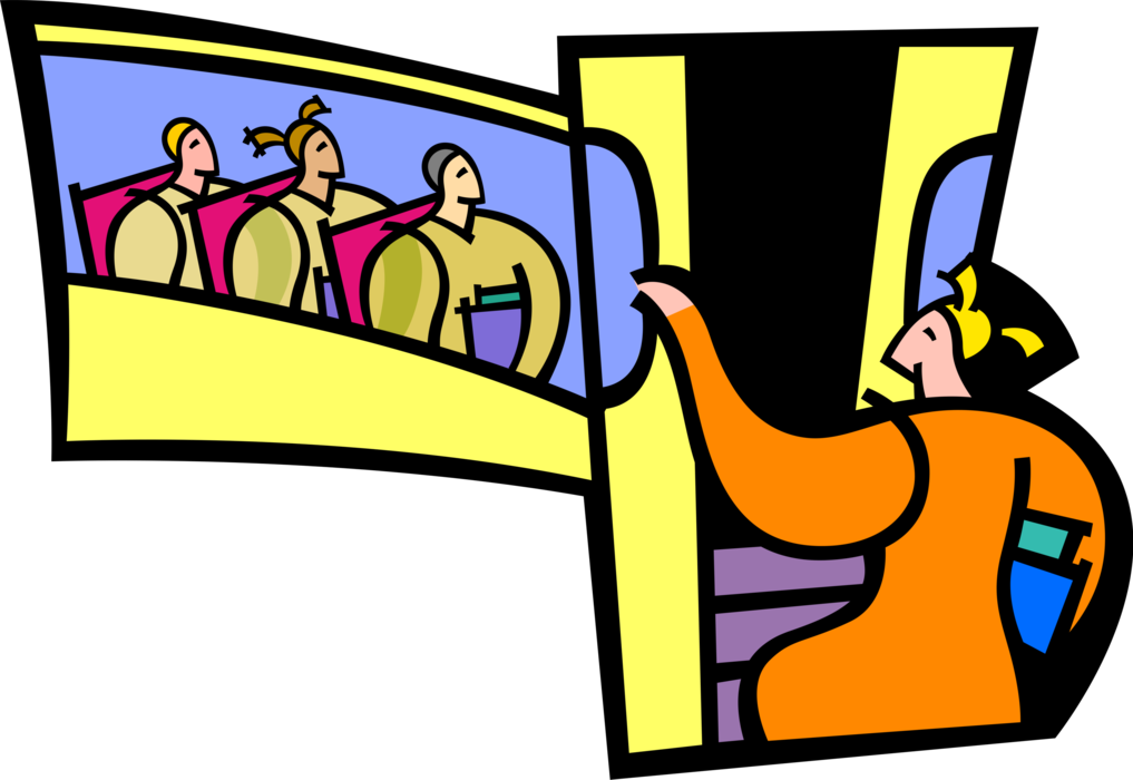 Vector Illustration of School Students Greeted by Teacher as they Arrive on Schoolbus