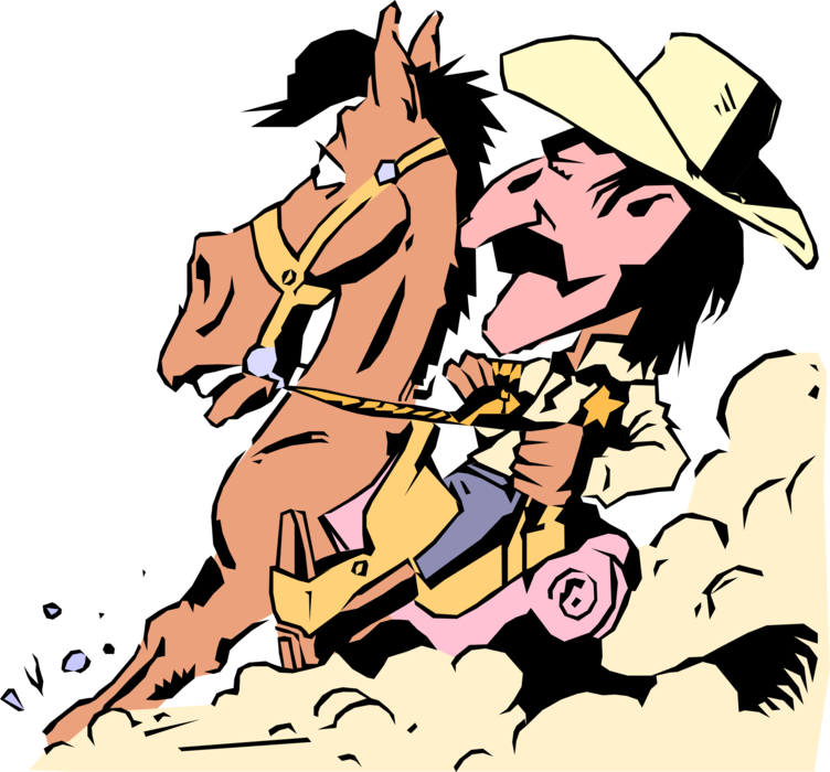 Vector Illustration of Old West Sheriff Cowboy on Horseback Kicks Up Dust