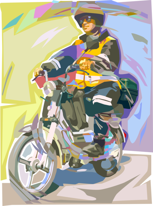 Vector Illustration of Motorcyclist Rides Motor Scooter Motorcycle with Step-Through Frame