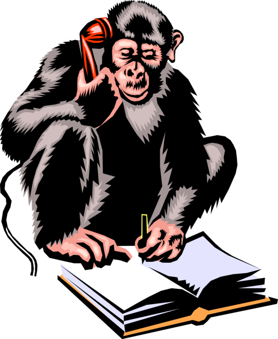 Vector Illustration of Chimpanzee Primate Monkey Talking on Phone and Taking Notes