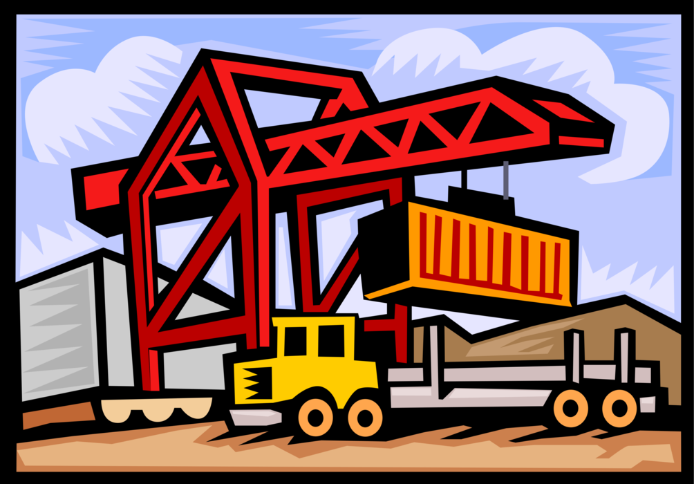 Vector Illustration of Construction Crane Loading Shipping Containers onto Transport Delivery Truck
