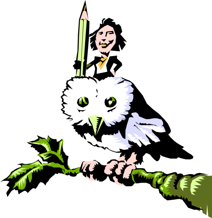Vector Illustration of Businesswoman Holds Pencil with Wise Old Owl