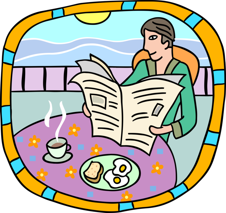 Vector Illustration of Reading Newspaper with Breakfast of Coffee, Toast and Eggs by the Seashore