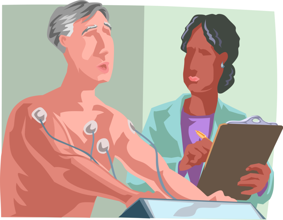 Vector Illustration of Heart Monitoring Treadmill EKG Stress Test with Patient and Health Care Professional Doctor Physician