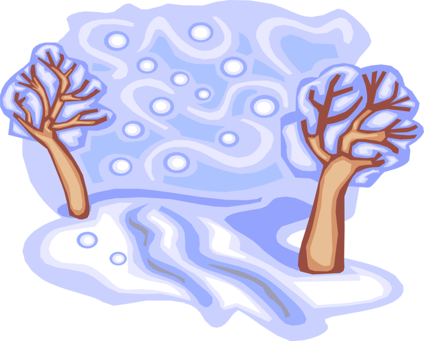 Vector Illustration of Winter Storm Blows Through Trees with Falling Snow
