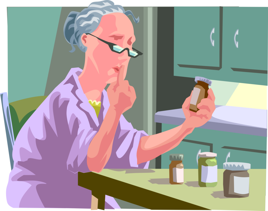 Vector Illustration of Retired Elderly Woman Takes Pharmaceutical Drug Dispensed by Medical Prescription