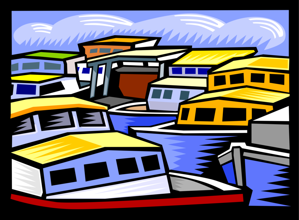Vector Illustration of Small Commercial Fishing Trawler Boats at Dock