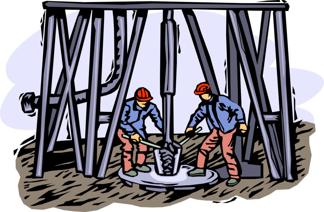 Vector Illustration of Oil Well Workers Working on Drilling Bit in Oilfield