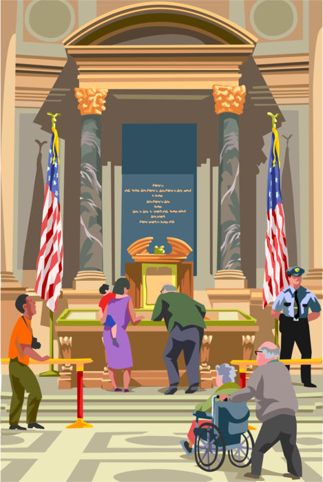 Vector Illustration of Tourists View United States Constitution in National Archives Building, Washington, D.C.