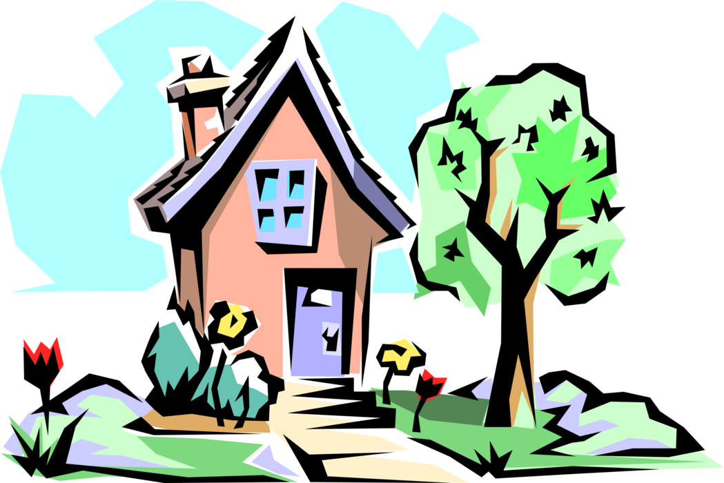 Vector Illustration of Urban Family Home Residence House in Spring