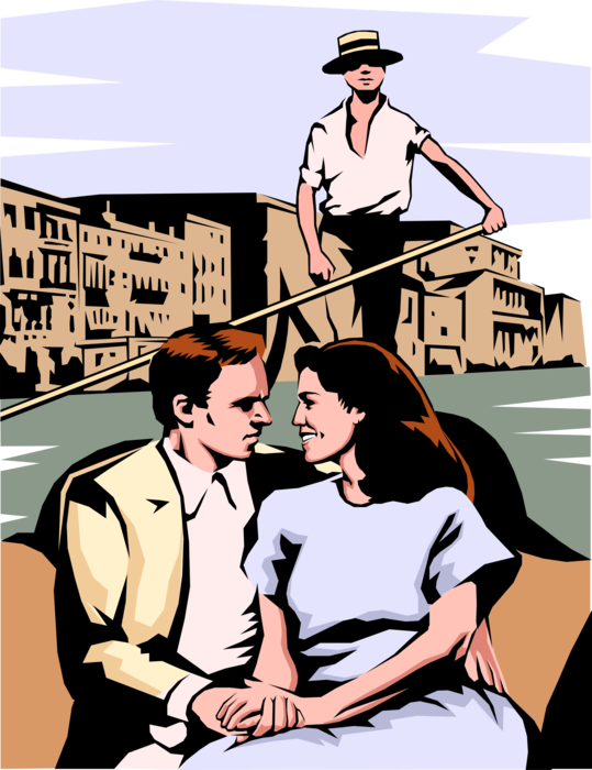 Vector Illustration of Venetian Romantic Italian Holiday with Gondolier in Canal Gondola, Italy