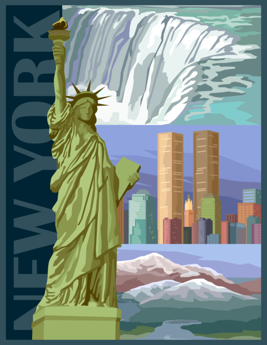 Vector Illustration of New York Postcard Design with Niagara Falls and Statue of Liberty