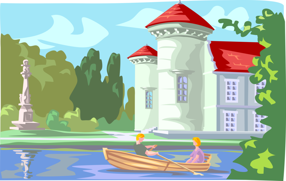 Vector Illustration of Romantic Couple in Rowboat Rowing on River with Luxury Property
