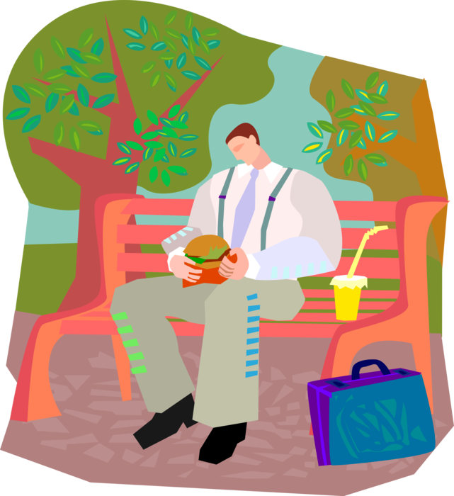 Vector Illustration of Businessman has Fast Food Hamburger Lunch on Park Bench