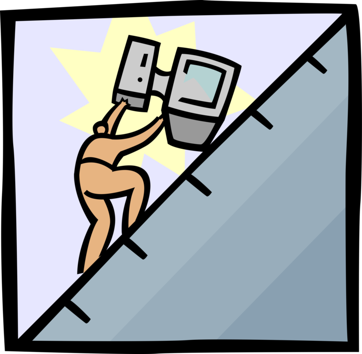 Vector Illustration of Businessman Pushing Computer Up Steep Hill