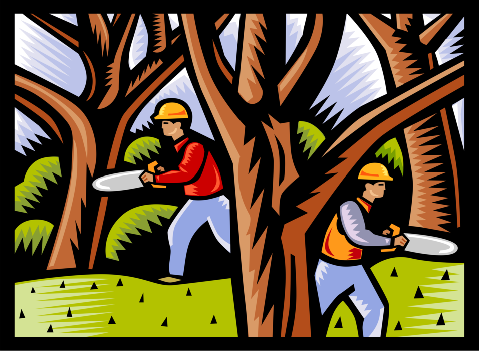 Vector Illustration of Forestry Industry Lumberjacks Cut and Harvest Trees in Forest Logging Operation with Chainsaws