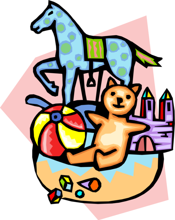 Vector Illustration of Newborn Infant Baby's Toys with Bouncing Ball, Teddy Bear and Rocking Horse