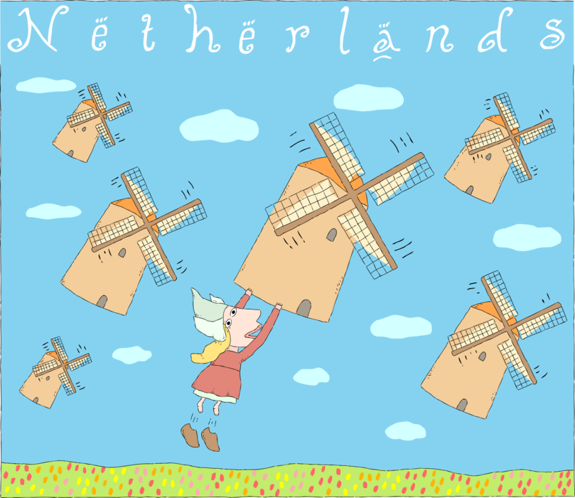 Vector Illustration of The Netherlands is Dutch Windmills and Colorful Tulip Bulbous Plants