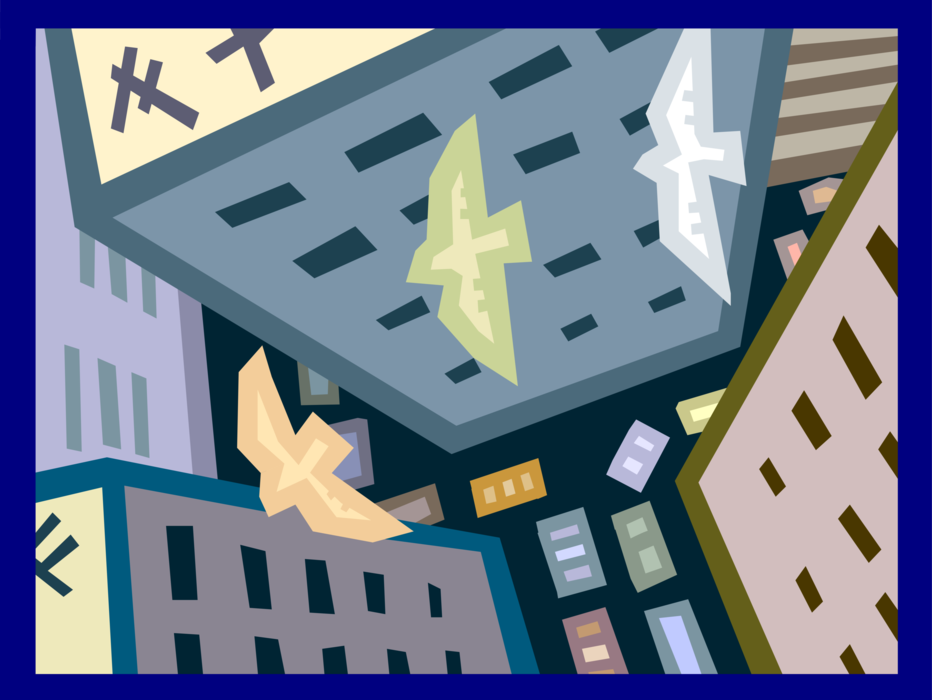 Vector Illustration of Urban Metropolitan City Office Towers with Birds Flying