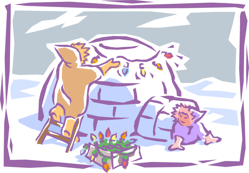 Vector Illustration of Arctic Indigenous Peoples Inuit Eskimo Decorates Igloo with Christmas Lights