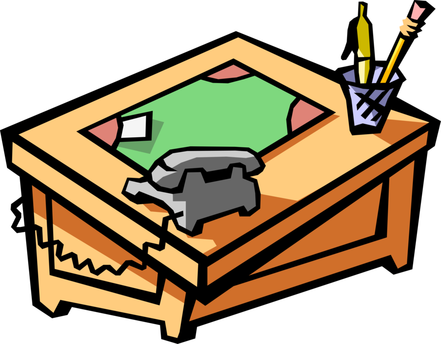 Vector Illustration of Office Desk with Blotter, Telephone and Writing Instruments