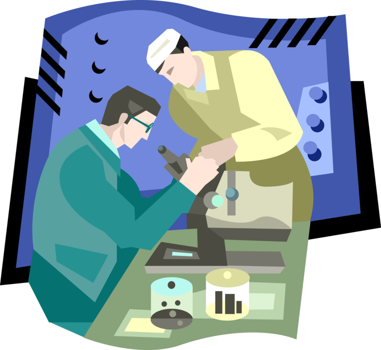 Vector Illustration of Laboratory Scientists Observing Test Results with Microscope