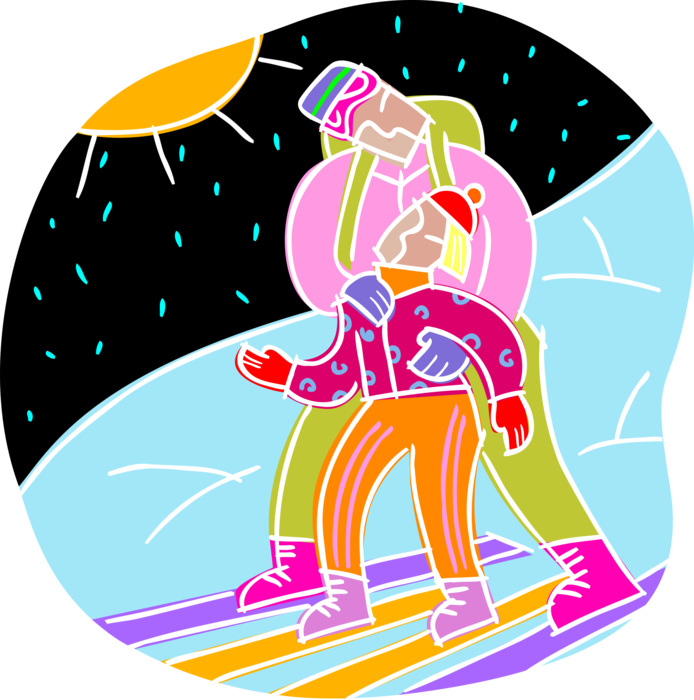 Vector Illustration of Parent Father with Daughter Learning to Ski Downhill on Snow 