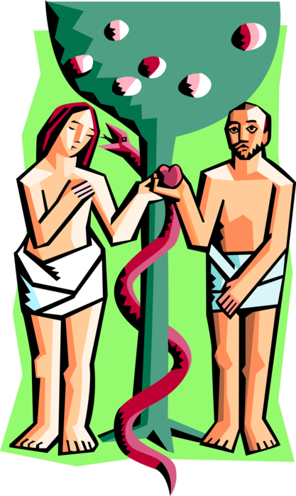 Vector Illustration of Adam and Eve Eat Forbidden Fruit Apple with Serpent Snake