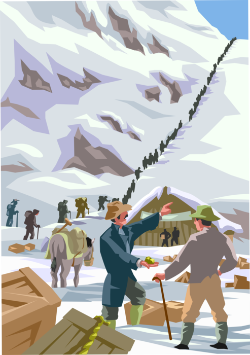 Vector Illustration of Alaska Gold Rush Prospectors Cross Mountain in Winter en Route to Gold Fields