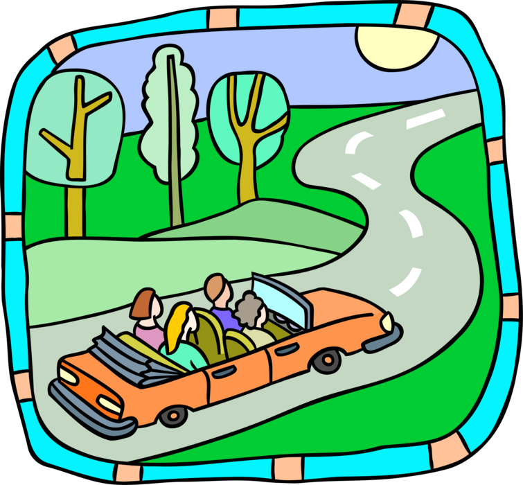 Vector Illustration of Family Vacation Road Trip in Convertible Automobile Car