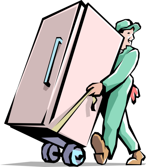Vector Illustration of Handymen Home Mover Delivers Refrigerator on Handcart Dolly