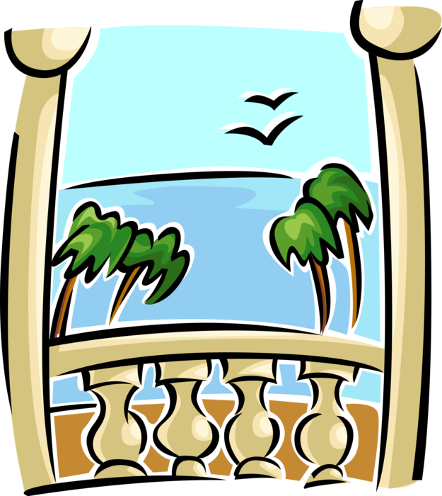 Vector Illustration of Ocean View from Balcony with Palm Trees and Sea