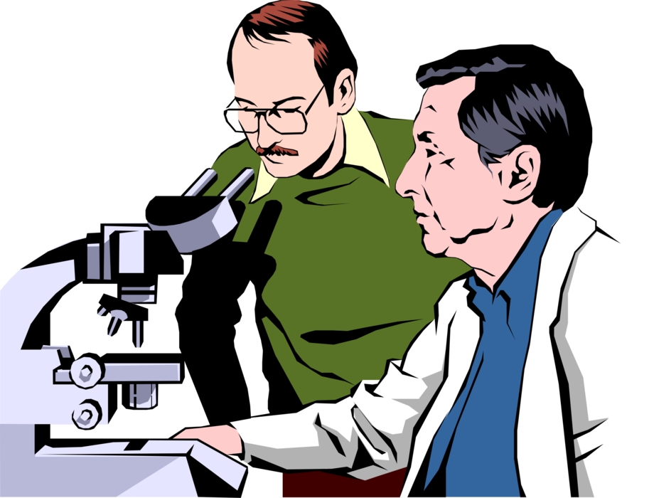 Vector Illustration of Research Scientists in Laboratory with Microscope