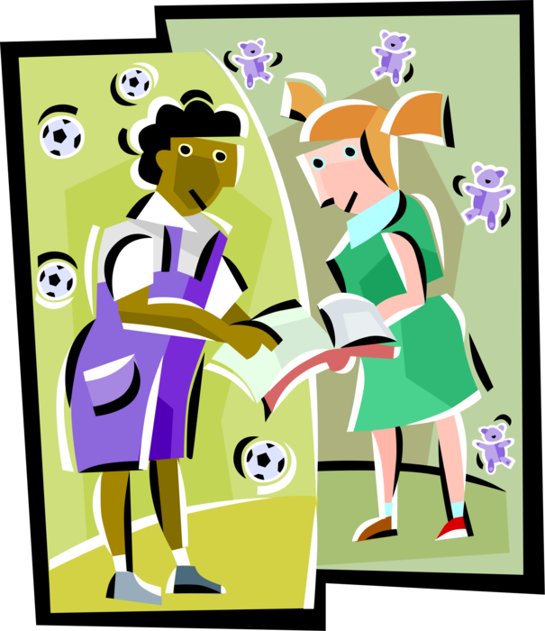 Vector Illustration of Girls Comparing School Assignments