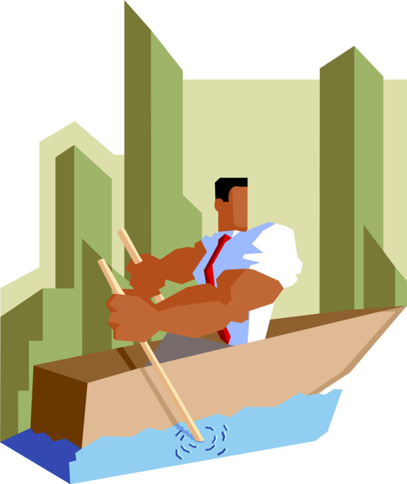 Vector Illustration of Powerful Businessman with Jacked Biceps and Forearms Rowing to Destination