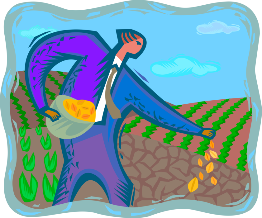 Vector Illustration of Businessman Sowing Seeds in Farm Soil