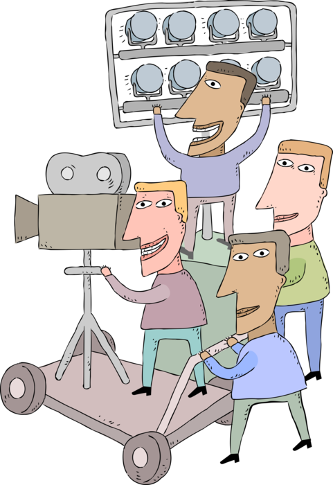Vector Illustration of Hollywood Motion Picture Film Industry Cameraman with Stagehands