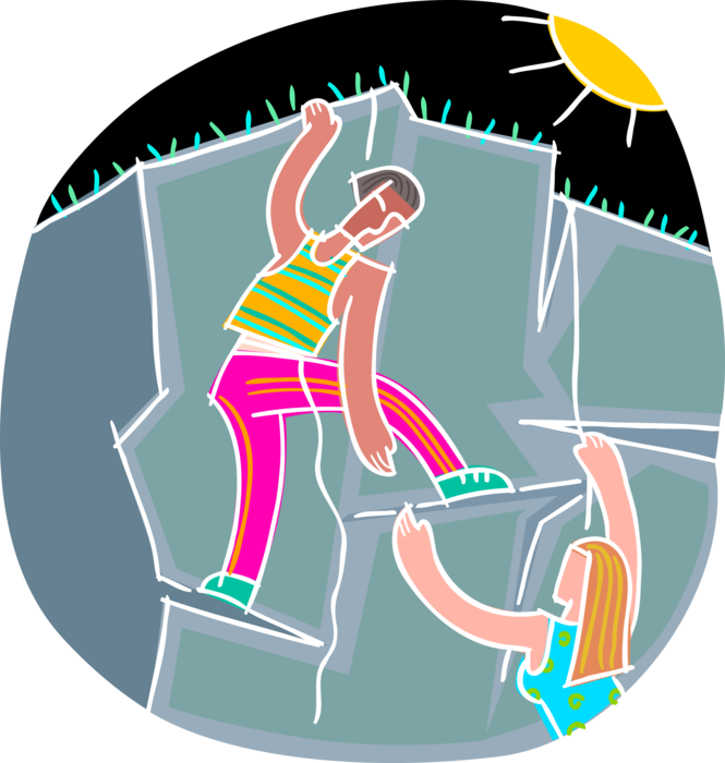 Vector Illustration of Friends Rock Climbing on Summer Day