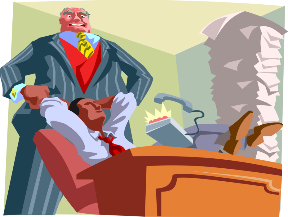 Vector Illustration of Employee Relaxing While Demanding Boss Stands Nearby