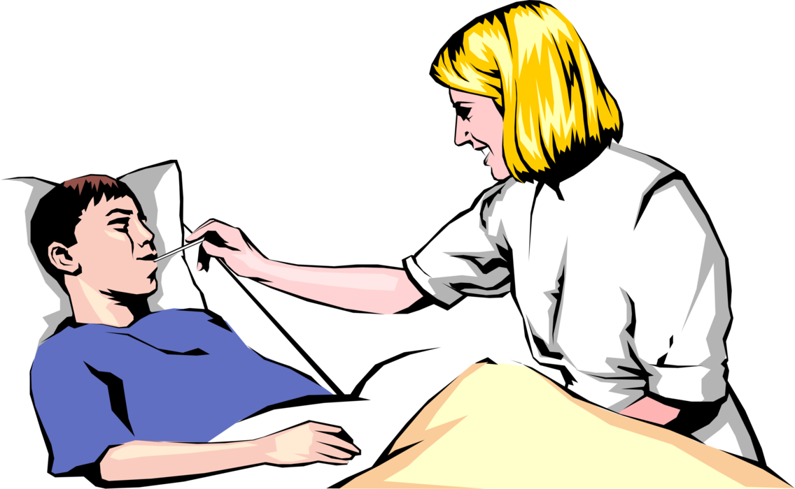 Vector Illustration of Hospital Patient with Thermometer as Nurse Checks Temperature