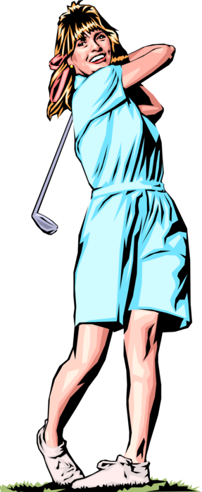 Vector Illustration of Woman Golfer Swings Golf Club
