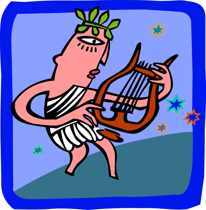 Vector Illustration of Ancient Classical Antiquity Greek or Roman in Toga Plays Lyre Stringed Musical Instrument