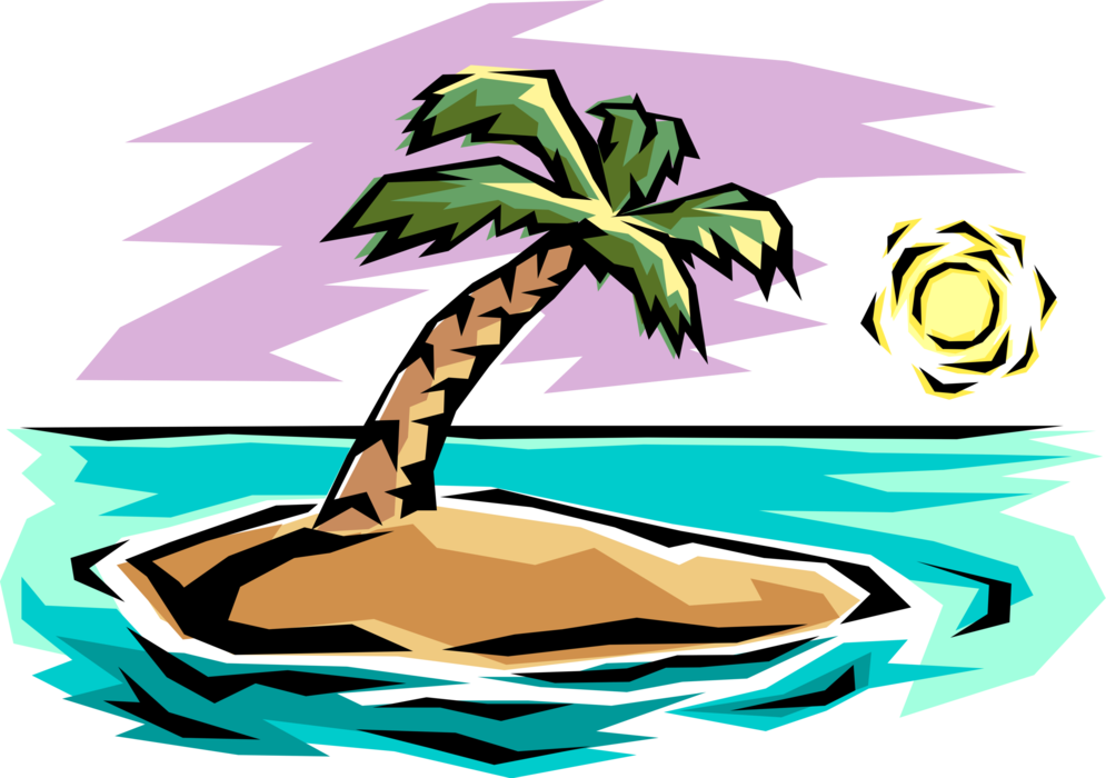 Vector Illustration of Deserted Island with Palm Tree and Blistering Sun